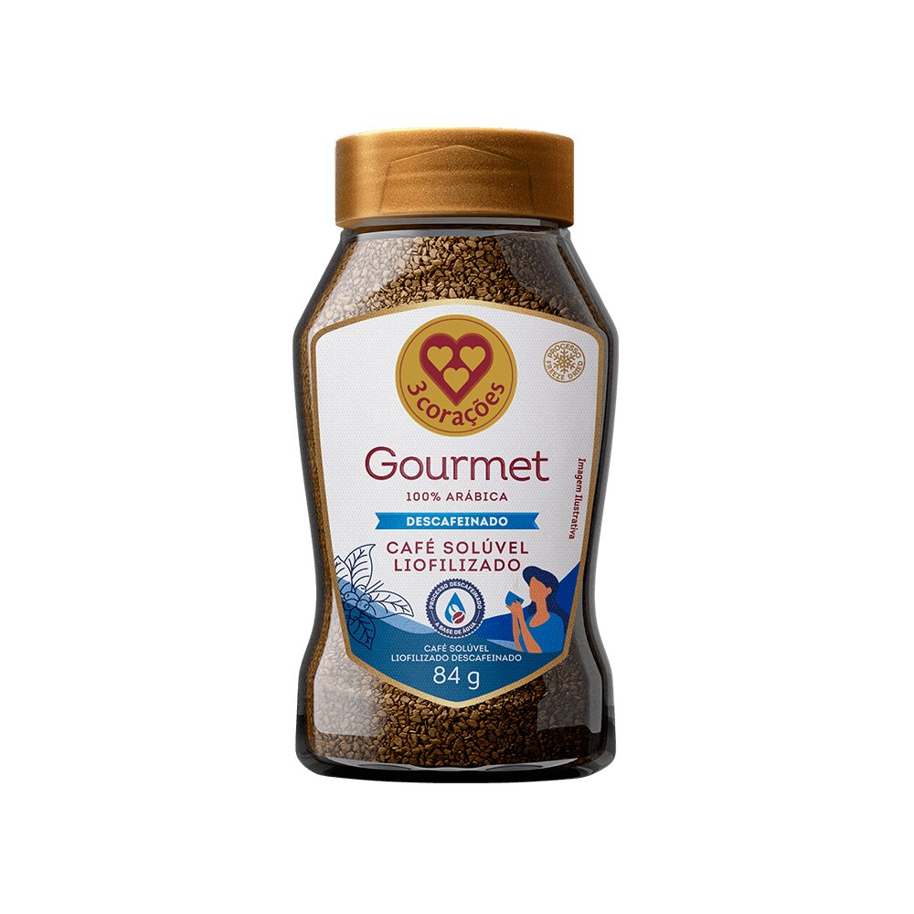 Café Solúvel Liofilizado Descafeinado Gourmet 3 Corações Vidro 84g