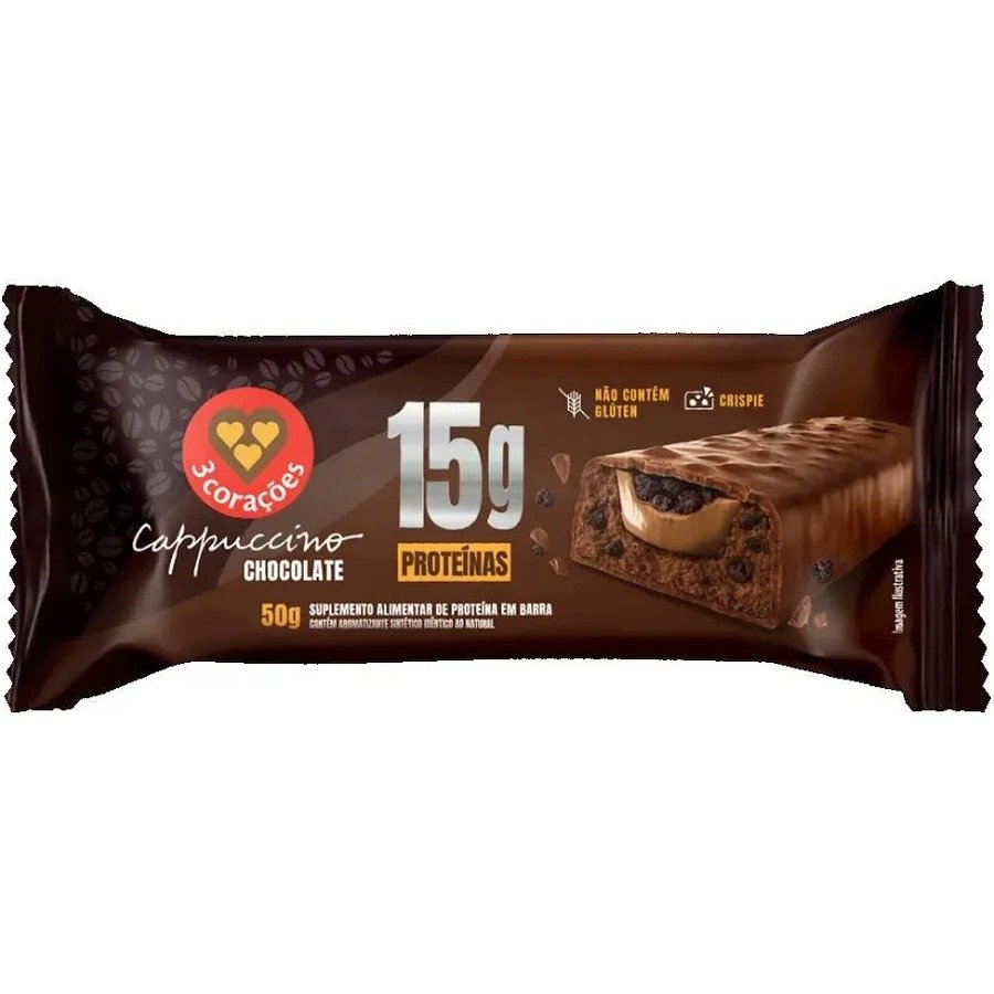 Kit 3 Barras de Proteína 3 Corações Cappuccino  Chocolate – 15g de Proteína